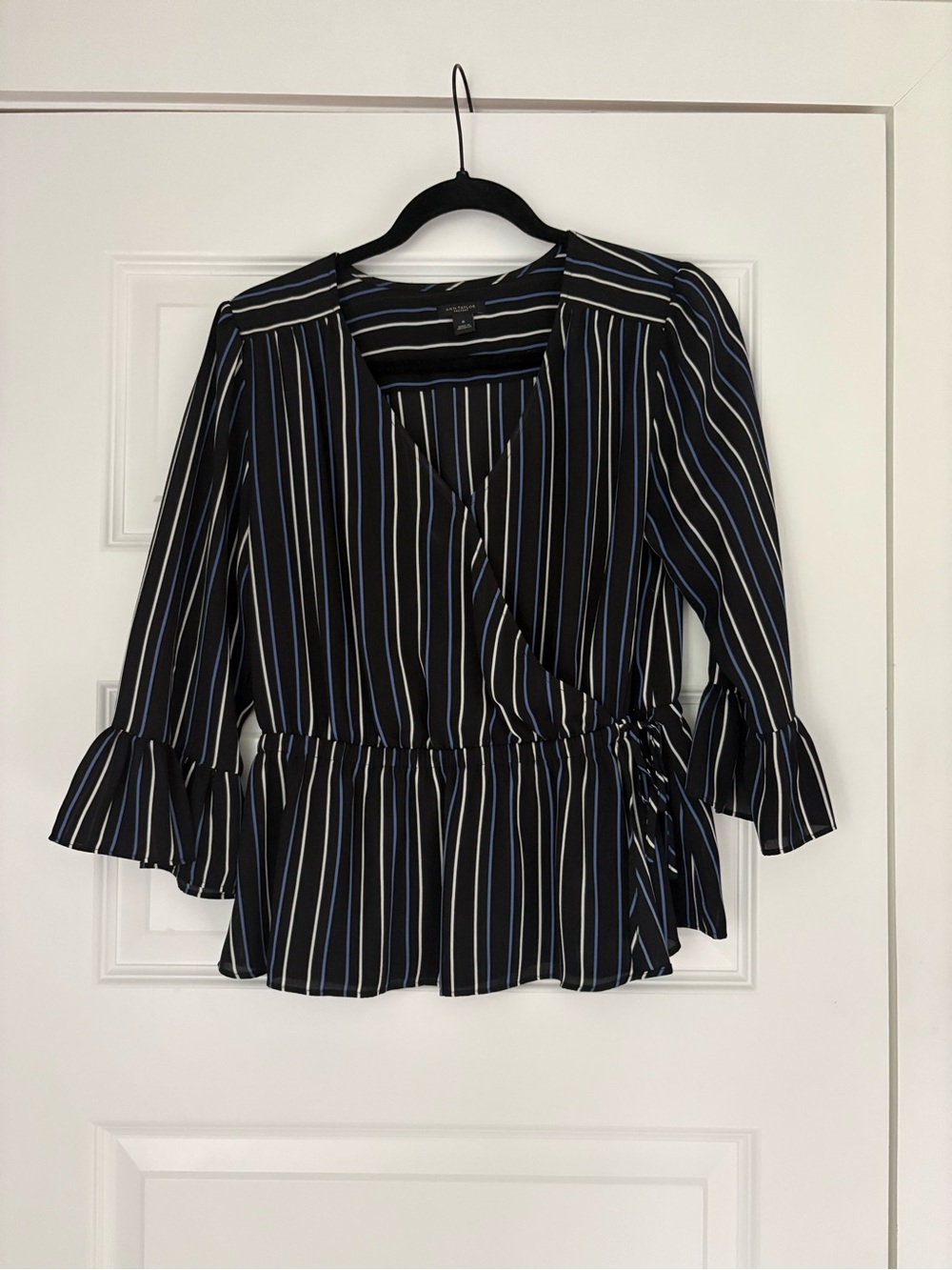Ann Taylor Factory Black Wrap Peplum Top with Blue and White Stripes
